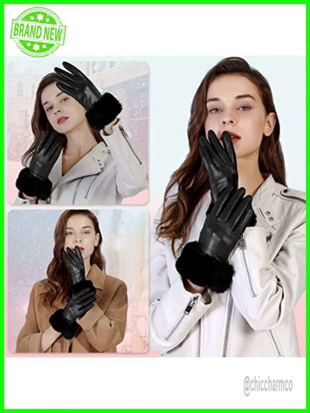 Women's Leather Gloves with Rabbit Fur Cuff Touchscreen Warm Winter Driving